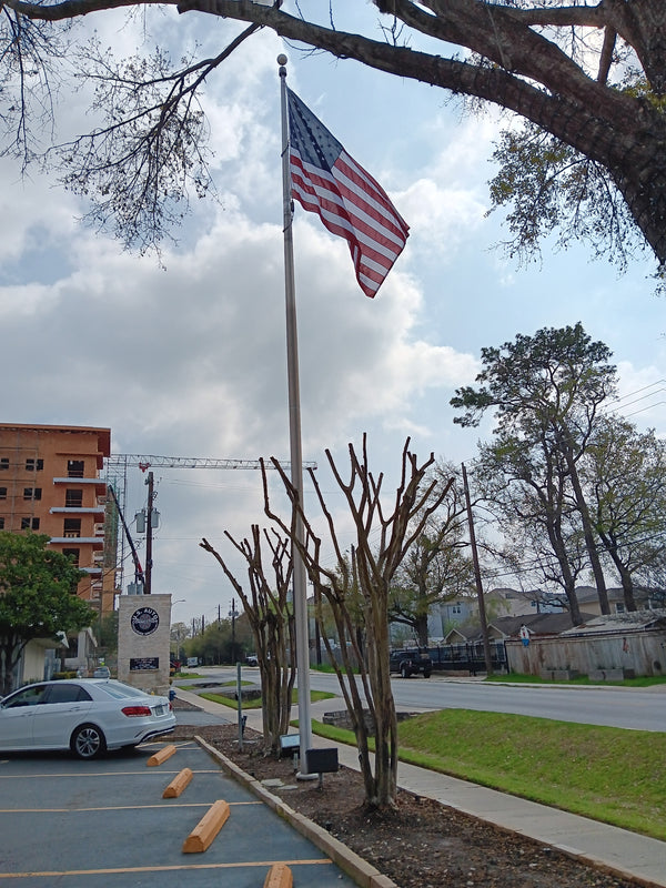 40' x 8'' x .188" 2-pc. tapered aluminum commercial flagpole. External rope windloading is 177 MPH unflagged.