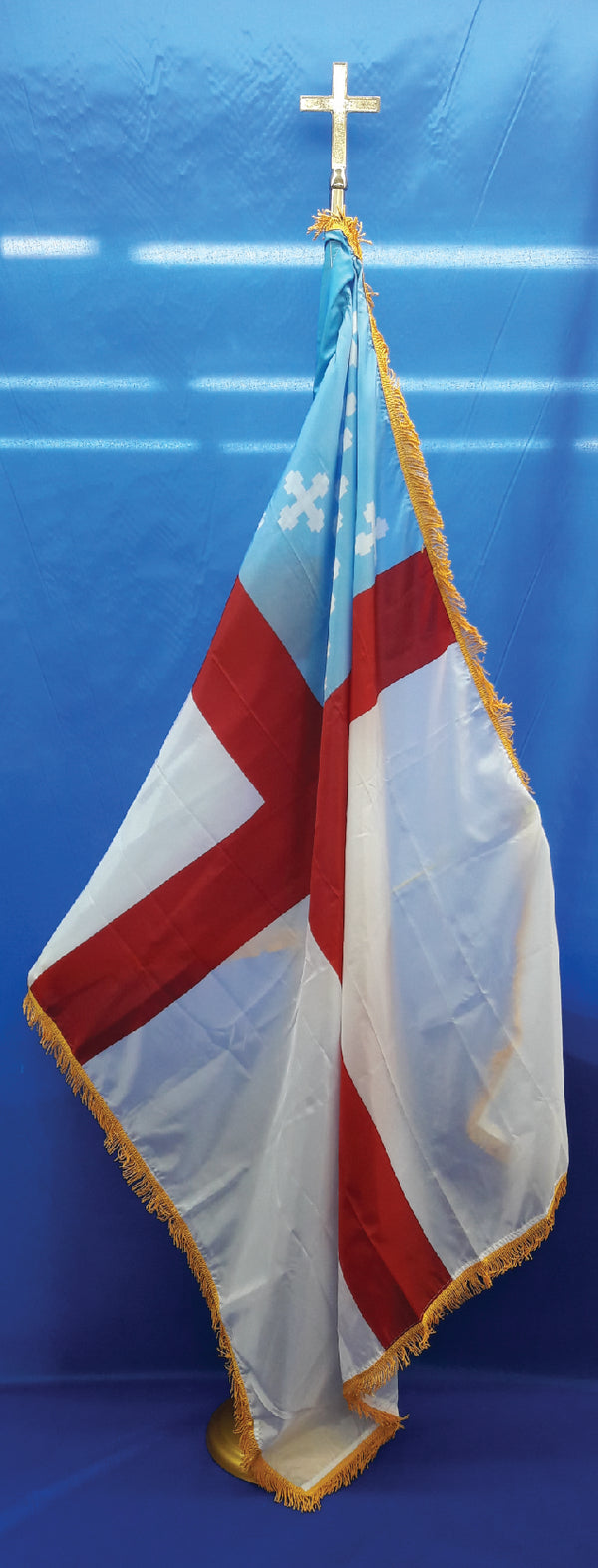 4' x 6' indoor Episcopal flag ONLY. Pole sleeve with gold fringing on three sides.