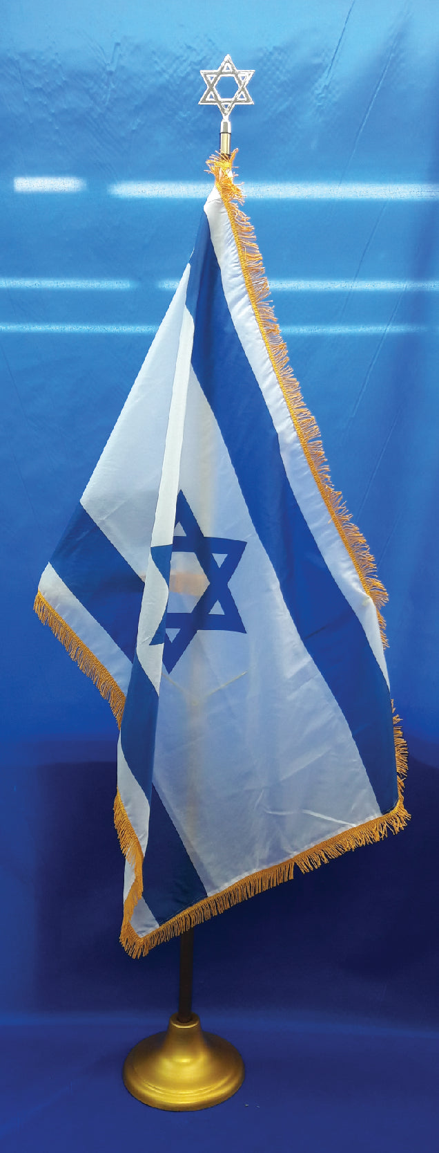 3' x 5' indoor Israel flag ONLY. Pole sleeve with gold fringing on three sides.
