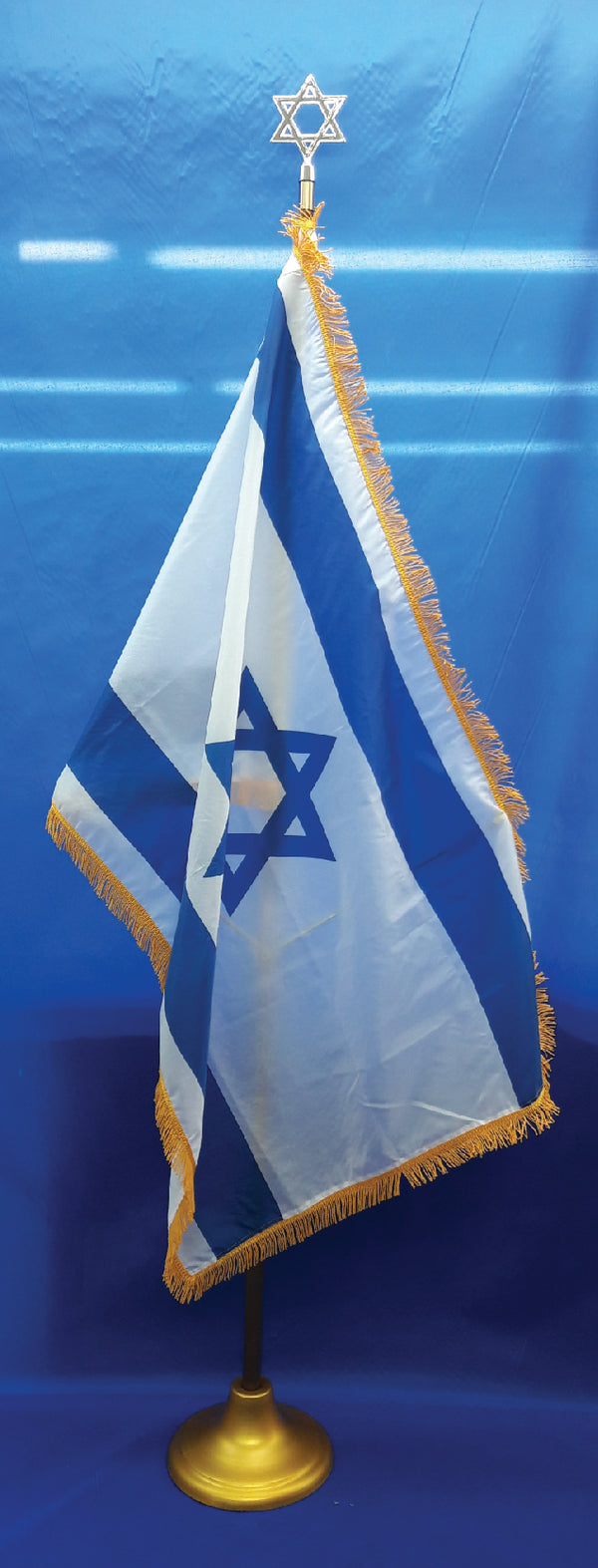 3' x 5' indoor Israel flag ONLY. Pole sleeve with gold fringing on three sides.