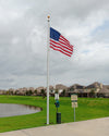25' x 6'' x .188'' 1-pc. tapered aluminum commercial flagpole. External rope windloading at 253 MPH unflagged.