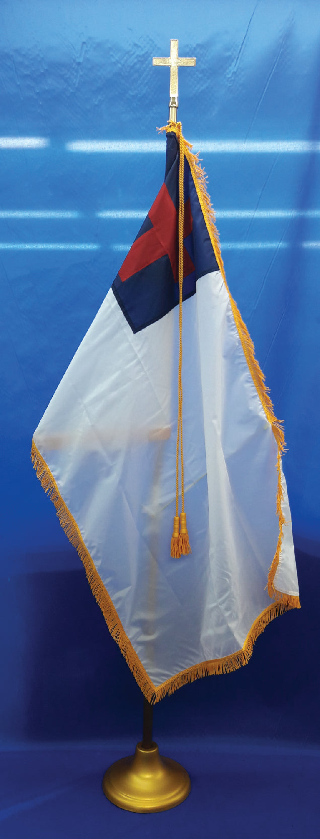 3' x 5' indoor Christian flag ONLY. Pole sleeve and gold fringing on three sides.
