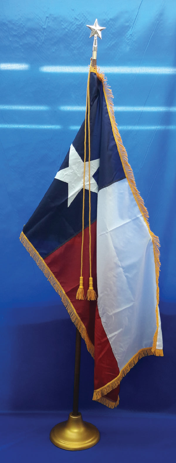 4' x 6' indoor Texas Flag ONLY with sewn stripes and star. Pole sleeve and gold fringing on three sides.