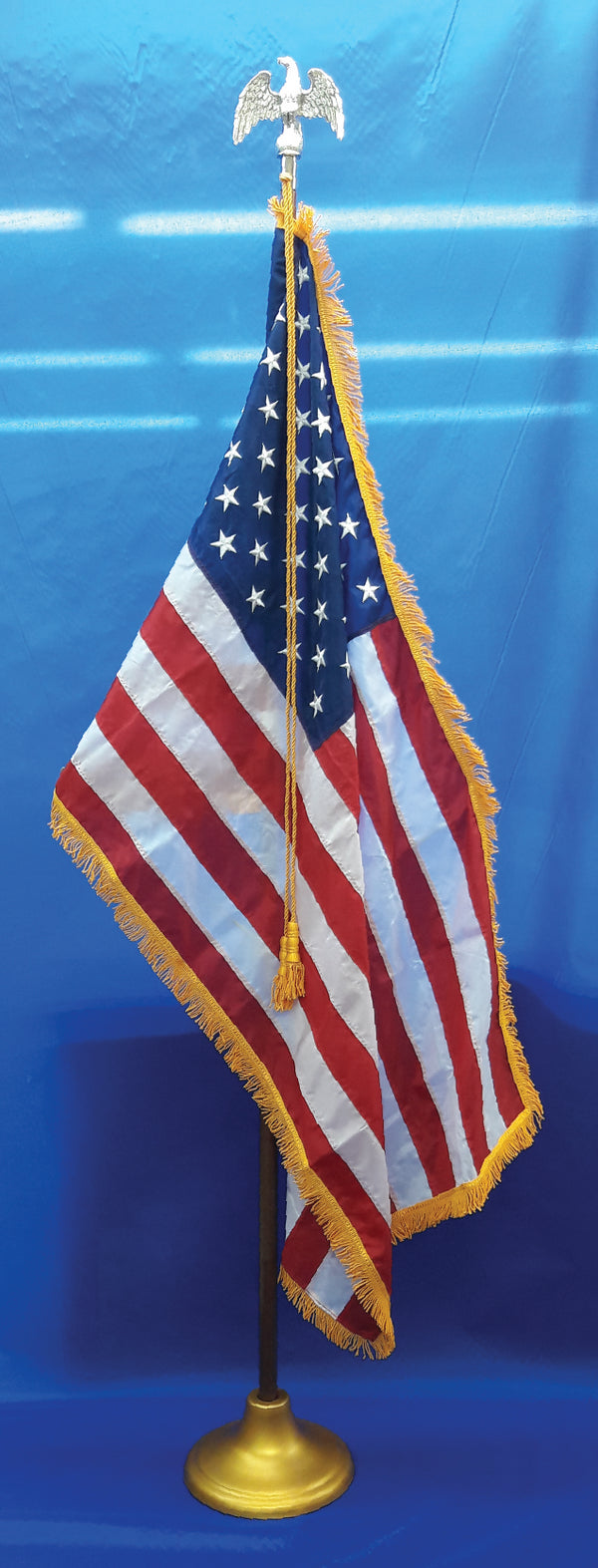 4' x 6' indoor U.S. Flag ONLY with sewn stripes and embroidered stars. Pole sleeve and gold fringing on three sides.