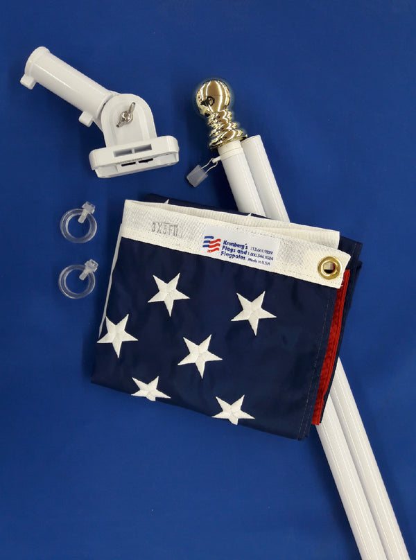 6' x 1" white powdercoated aluminum Rotopole house kit with 3' x 5' U.S. flag.